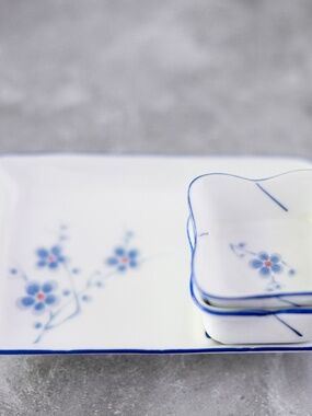Vintage Cheng's White Jade Porcelain blue cherry blossom tray and two bowls